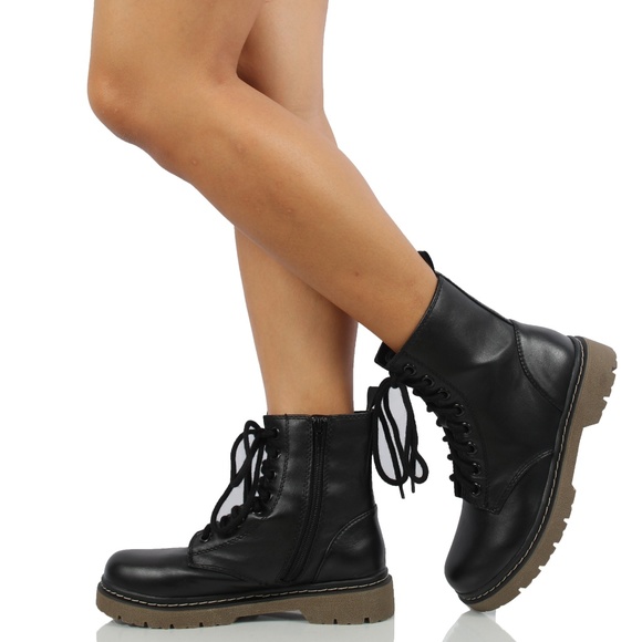 Black Faux Leather Lace Up Lug Sole Military Boot - Picture 7 of 8